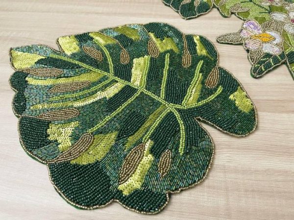 Table Linens | Green Monstera Leaf Beaded Placemat Kitchen Table Linens