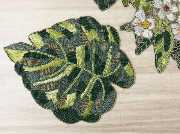 Table Linens | Green Monstera Leaf Beaded Placemat Kitchen Table Linens