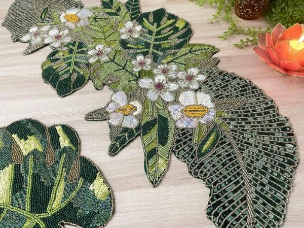 Table Linens | Green Monstera Leaf Beaded Placemat Kitchen Table Linens