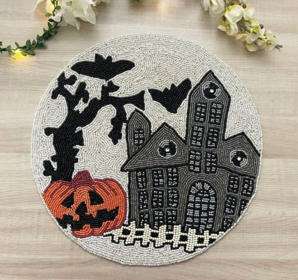 Table Linens | Halloween Haunted House Round Beaded Placemat Kitchen Table Linens