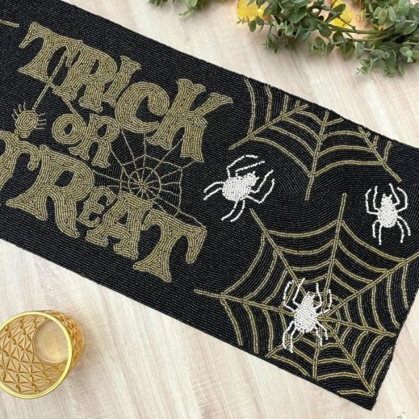 Table Linens | Halloween Trick Or Treat Black And Gold Beaded Table Runner Kitchen Table Linens