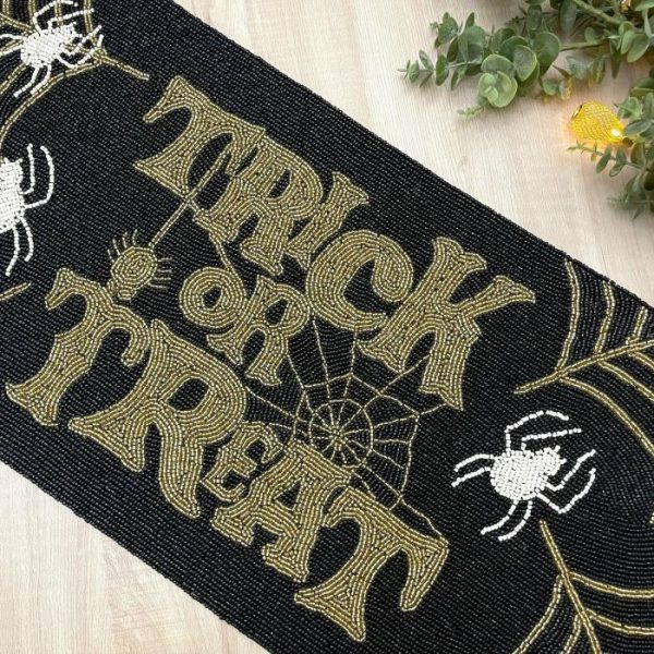 Table Linens | Halloween Trick Or Treat Black And Gold Beaded Table Runner Kitchen Table Linens