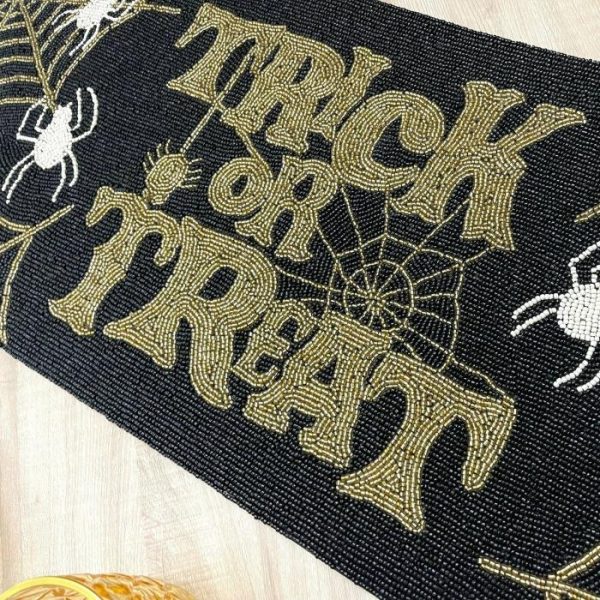 Table Linens | Halloween Trick Or Treat Black And Gold Beaded Table Runner Kitchen Table Linens