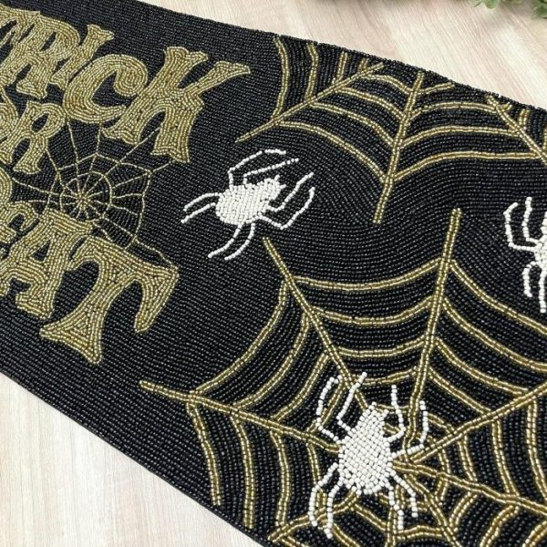 Table Linens | Halloween Trick Or Treat Black And Gold Beaded Table Runner Kitchen Table Linens