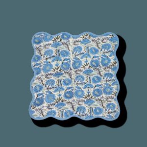 Table Linens | Hand-Block Light Blue Flower Scallop Cotton Napkins, Set Of 4 Kitchen Table Linens