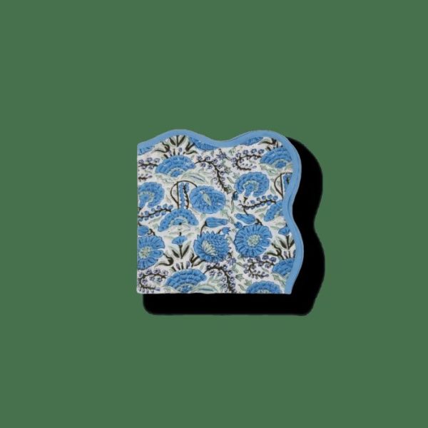 Table Linens | Hand-Block Light Blue Flower Scallop Cotton Napkins, Set Of 4 Kitchen Table Linens