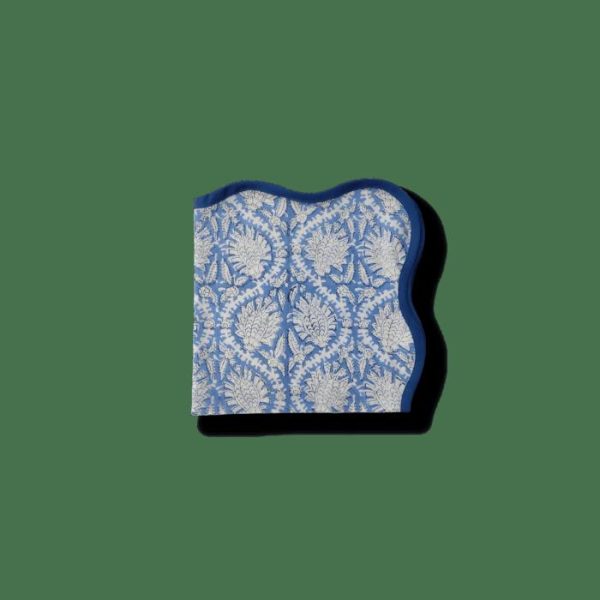 Table Linens | Hand Block Print Blue Wave Scallop Cotton Napkin Set Of 4 Kitchen Table Linens