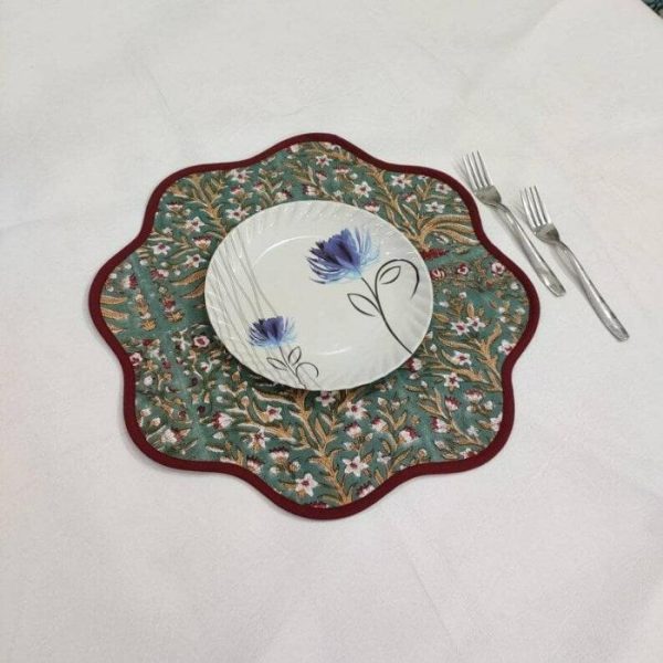 Table Linens | Hand Blocked Scallop Green Floral Round Placemats, 13.5×13.5 inches Kitchen Table Linens