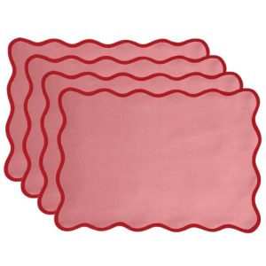 Table Linens | Handmade Cotton Red Bordered Pink Scallop Placemats – Set Of 4 Kitchen Table Linens