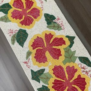 Table Linens | Hibiscus Flower Rectangular Beaded Table Runner Kitchen Table Linens