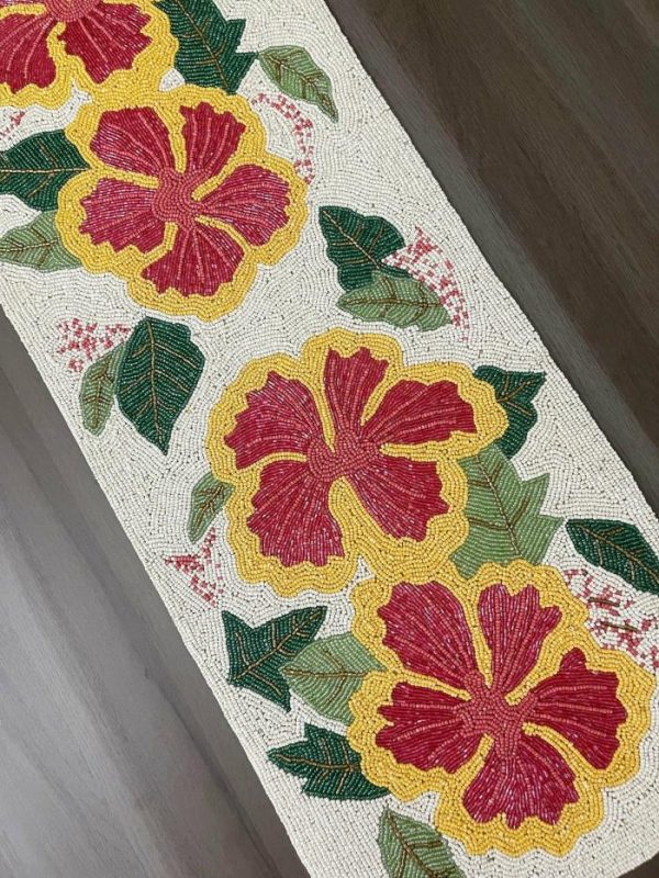 Table Linens | Hibiscus Flower Rectangular Beaded Table Runner Kitchen Table Linens