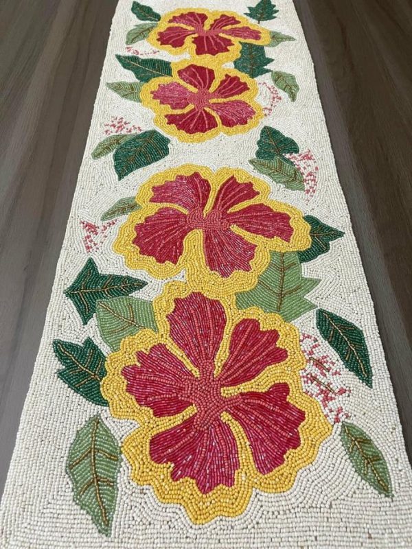 Table Linens | Hibiscus Flower Rectangular Beaded Table Runner Kitchen Table Linens