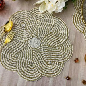 Table Linens | Intertwined Scallop Round Beaded Placemat – Gold/White Kitchen Table Linens