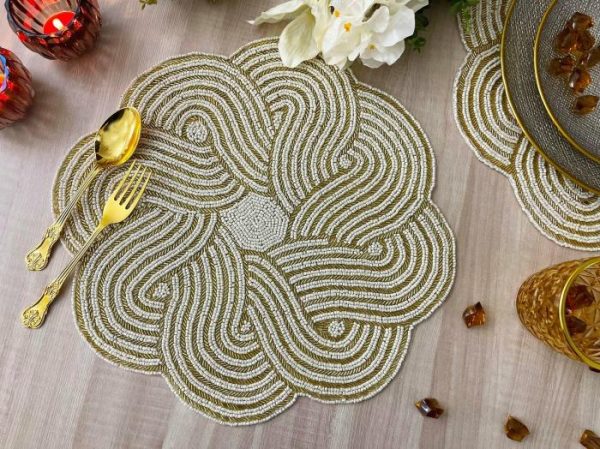 Table Linens | Intertwined Scallop Round Beaded Placemat – Gold/White Kitchen Table Linens