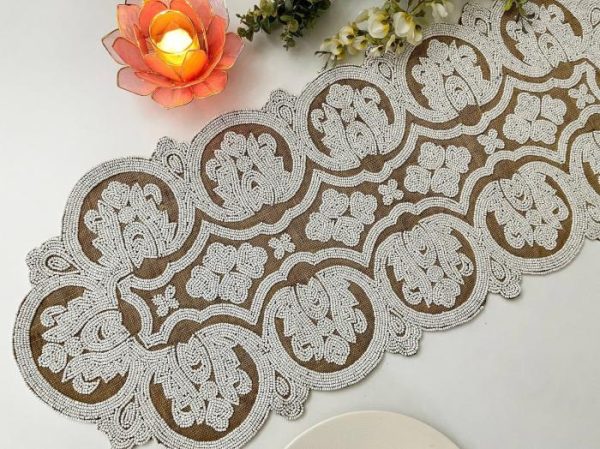 Table Linens | Jessica Pearl Beaded Burlap Table Runner Kitchen Table Linens