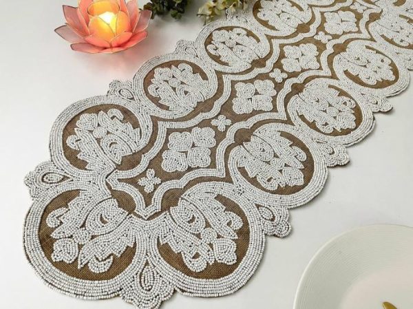 Table Linens | Jessica Pearl Beaded Burlap Table Runner Kitchen Table Linens