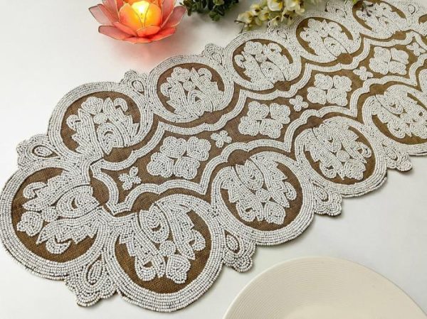 Table Linens | Jessica Pearl Beaded Burlap Table Runner Kitchen Table Linens