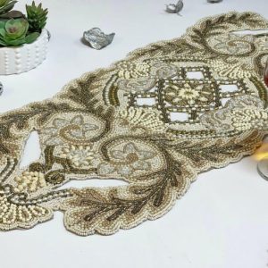 Table Linens | Kingdom Beaded Table Runner Gold/Cream Kitchen Table Linens