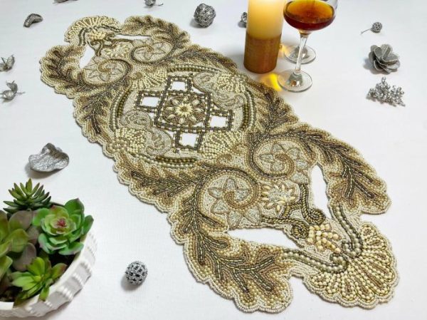 Table Linens | Kingdom Beaded Table Runner Gold/Cream Kitchen Table Linens