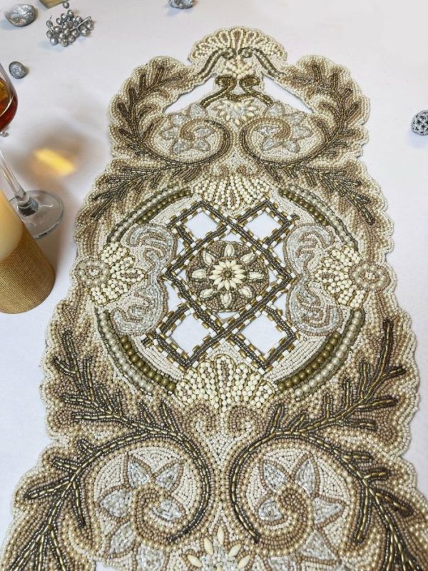 Table Linens | Kingdom Beaded Table Runner Gold/Cream Kitchen Table Linens