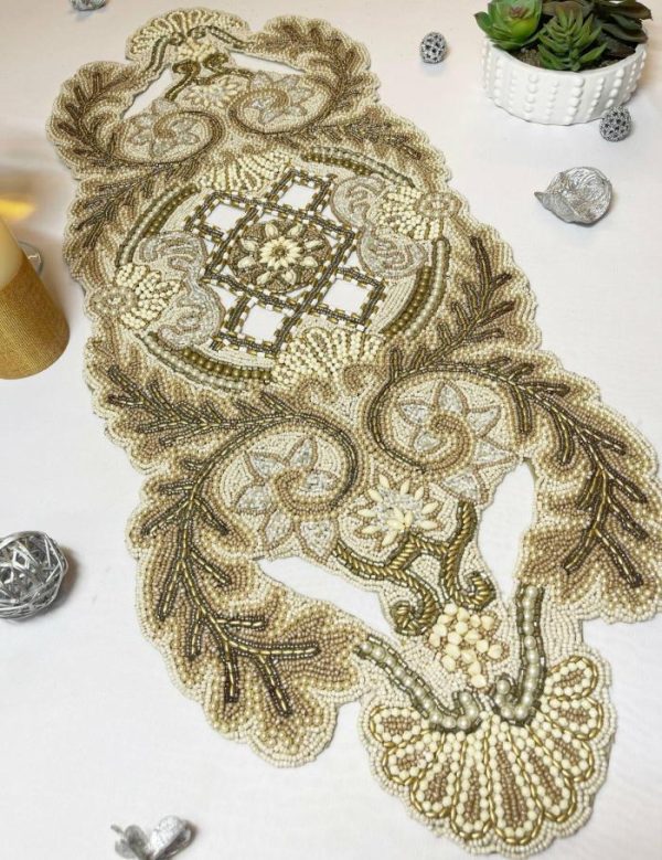 Table Linens | Kingdom Beaded Table Runner Gold/Cream Kitchen Table Linens