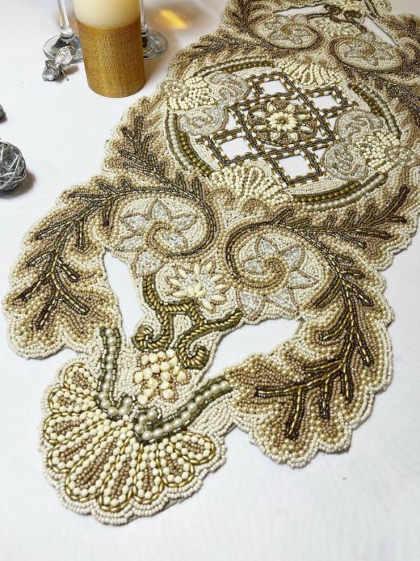 Table Linens | Kingdom Beaded Table Runner Gold/Cream Kitchen Table Linens