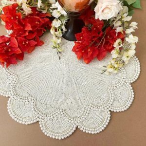 Table Linens | Large Pearl Flower Round Beaded Placemat, 18 inches Kitchen Table Linens