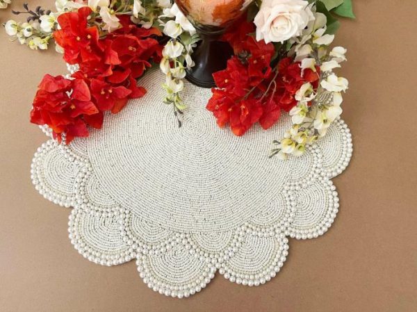 Table Linens | Large Pearl Flower Round Beaded Placemat, 18 inches Kitchen Table Linens