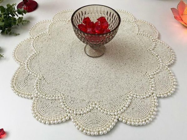 Table Linens | Large Pearl Flower Round Beaded Placemat, 18 inches Kitchen Table Linens