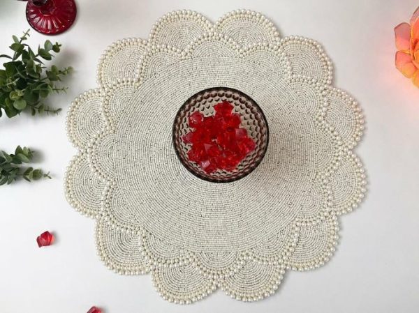 Table Linens | Large Pearl Flower Round Beaded Placemat, 18 inches Kitchen Table Linens