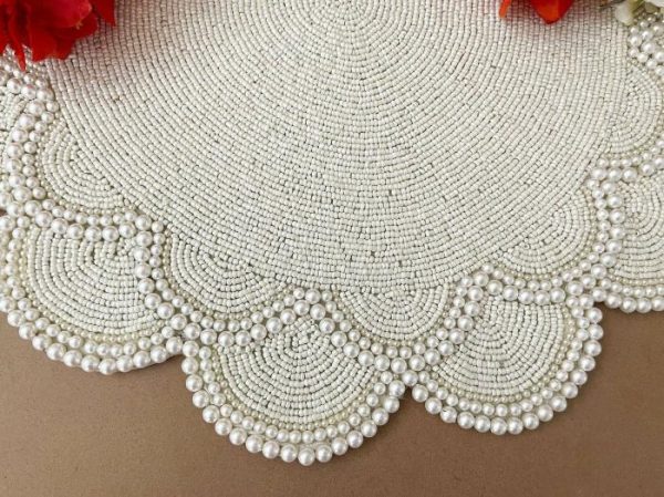 Table Linens | Large Pearl Flower Round Beaded Placemat, 18 inches Kitchen Table Linens