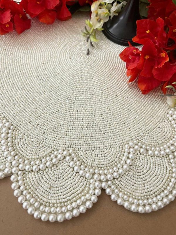 Table Linens | Large Pearl Flower Round Beaded Placemat, 18 inches Kitchen Table Linens