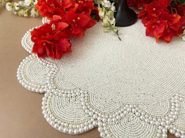 Table Linens | Large Pearl Flower Round Beaded Placemat, 18 inches Kitchen Table Linens