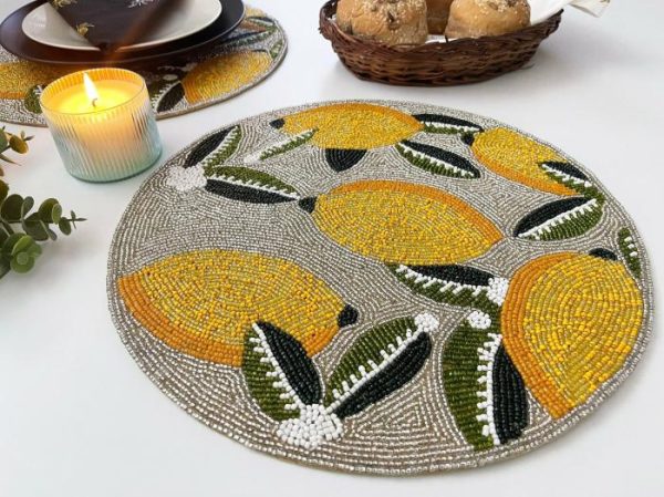 Table Linens | Lemon And Leaf Round Beaded Table Placemat Kitchen Table Linens