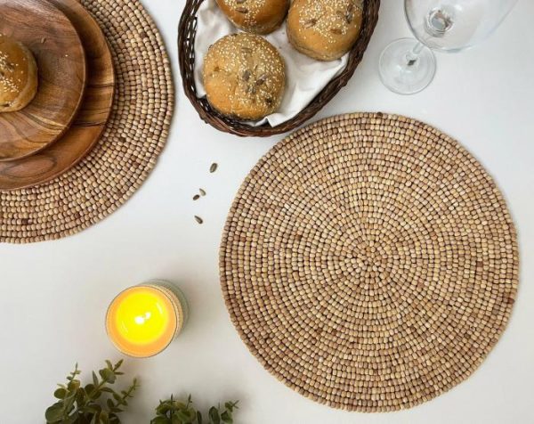 Table Linens | Light Oak Round Wooden Beaded Placemat Kitchen Table Linens