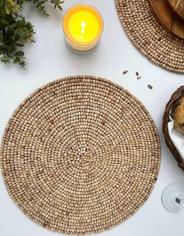 Table Linens | Light Oak Round Wooden Beaded Placemat Kitchen Table Linens