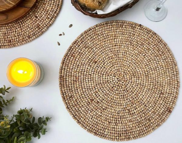 Table Linens | Light Oak Round Wooden Beaded Placemat Kitchen Table Linens