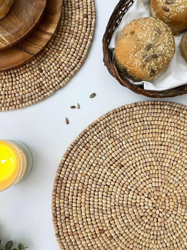 Table Linens | Light Oak Round Wooden Beaded Placemat Kitchen Table Linens