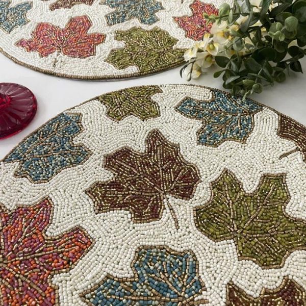 Table Linens | Maple Leaf Round Beaded Placemat Kitchen Table Linens