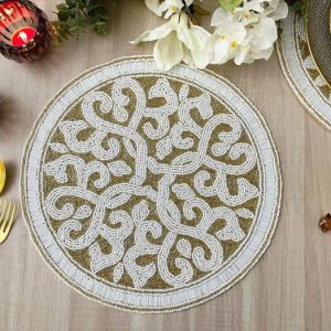 Table Linens | Moha Beaded Round Placemat – Cream/Gold Kitchen Table Linens