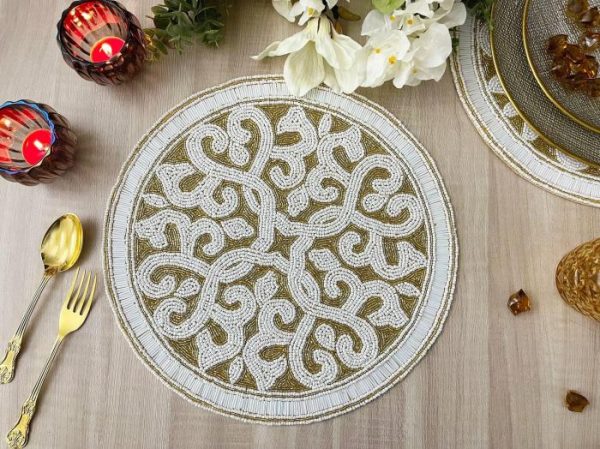 Table Linens | Moha Beaded Round Placemat – Cream/Gold Kitchen Table Linens