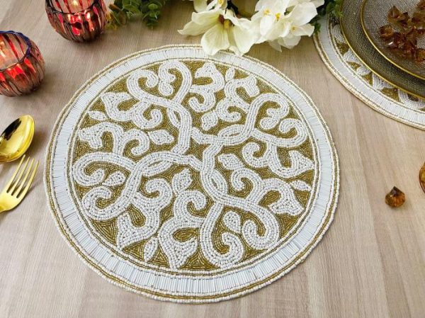 Table Linens | Moha Beaded Round Placemat – Cream/Gold Kitchen Table Linens