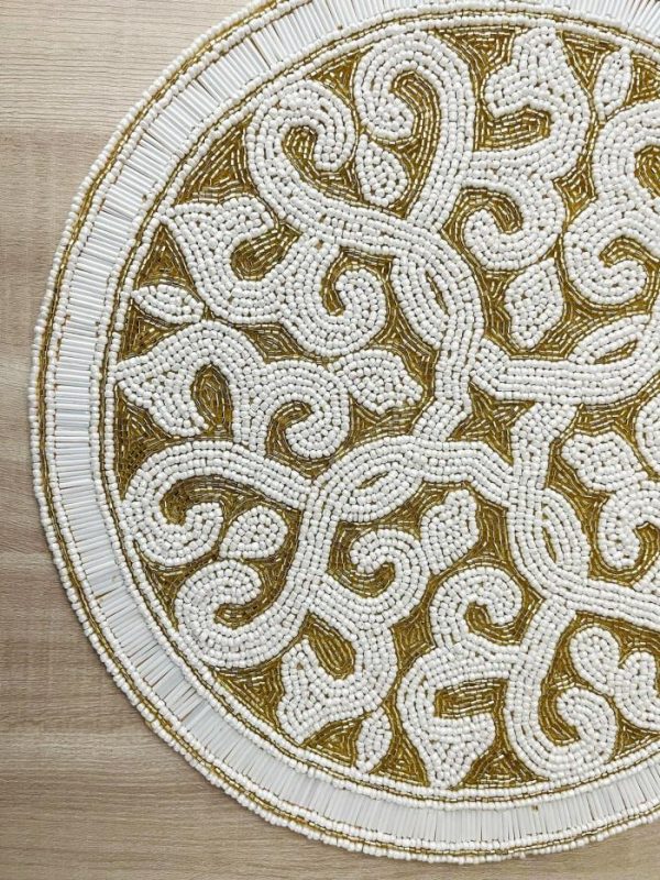 Table Linens | Moha Beaded Round Placemat – Cream/Gold Kitchen Table Linens