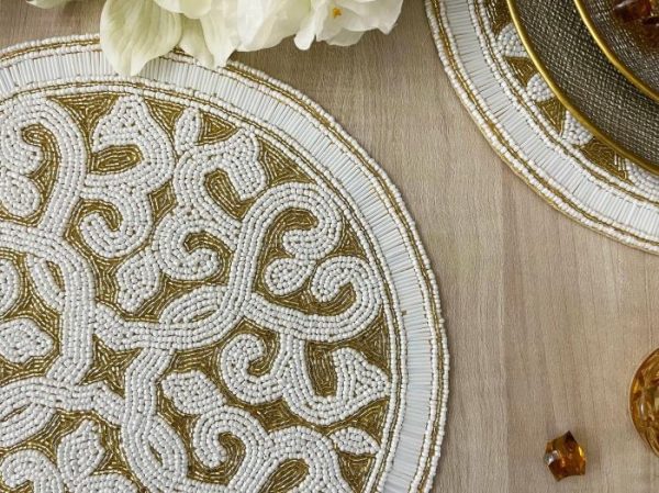 Table Linens | Moha Beaded Round Placemat – Cream/Gold Kitchen Table Linens