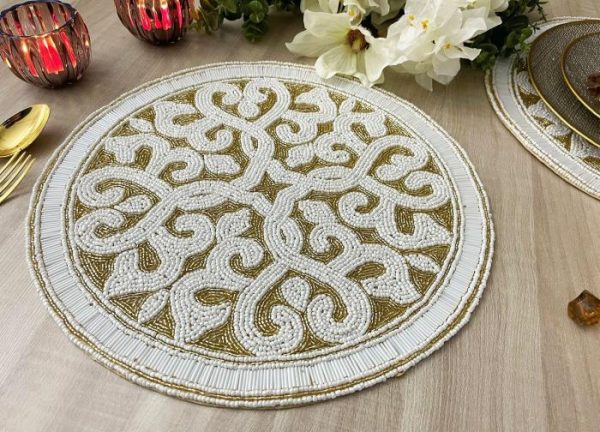 Table Linens | Moha Beaded Round Placemat – Cream/Gold Kitchen Table Linens