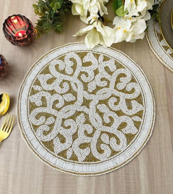 Table Linens | Moha Beaded Round Placemat – Cream/Gold Kitchen Table Linens