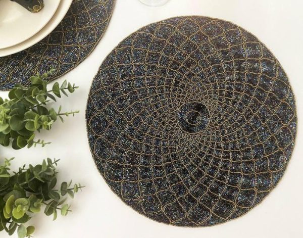 Table Linens | Moroccan Diamond Round Beaded Placemat – Blue Kitchen Table Linens