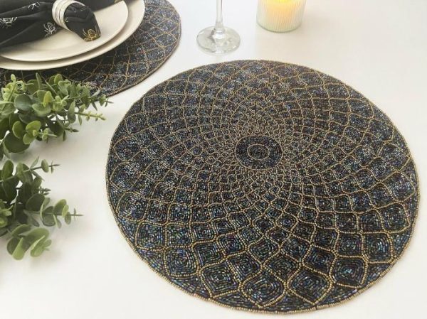 Table Linens | Moroccan Diamond Round Beaded Placemat – Blue Kitchen Table Linens