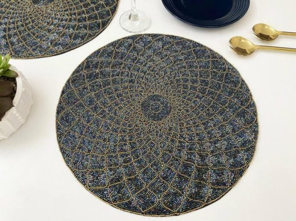 Table Linens | Moroccan Diamond Round Beaded Placemat – Blue Kitchen Table Linens