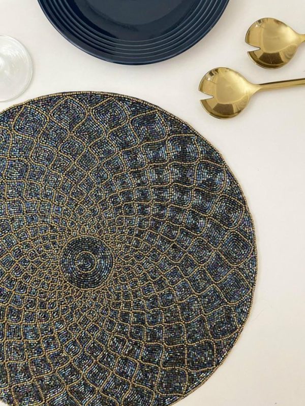 Table Linens | Moroccan Diamond Round Beaded Placemat – Blue Kitchen Table Linens